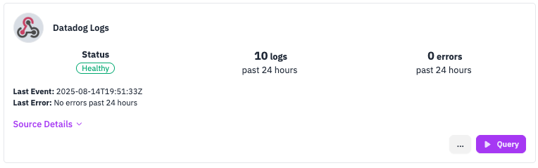 RunReveal Source card showing healthy status and recent logs